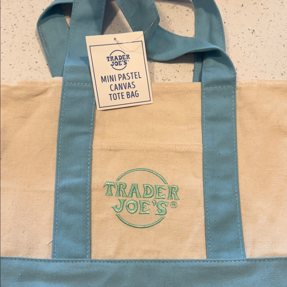 Trader Joe's Mini Pastel Canvas Tote - Cream with Light Blue Trim